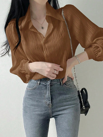 DAZY Women's Plain Color Pleated Loose Blouse With Collar