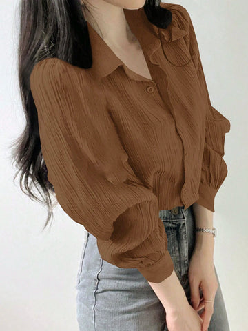 DAZY Women's Plain Color Pleated Loose Blouse With Collar