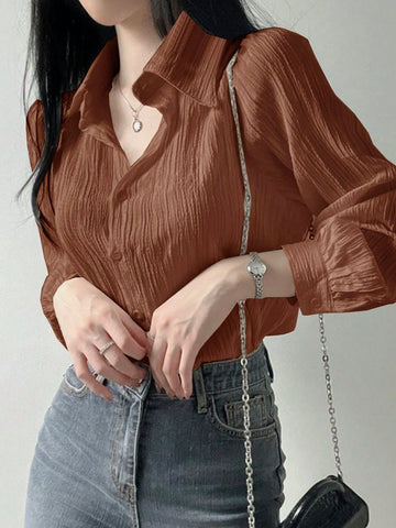 DAZY Women's Plain Pleated Turn Down Collar Loose Blouse