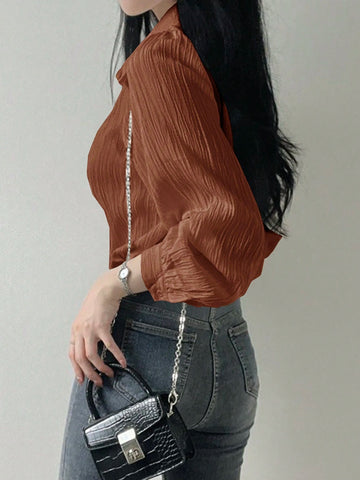 DAZY Women's Plain Pleated Turn Down Collar Loose Blouse