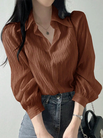 DAZY Women's Plain Pleated Turn Down Collar Loose Blouse