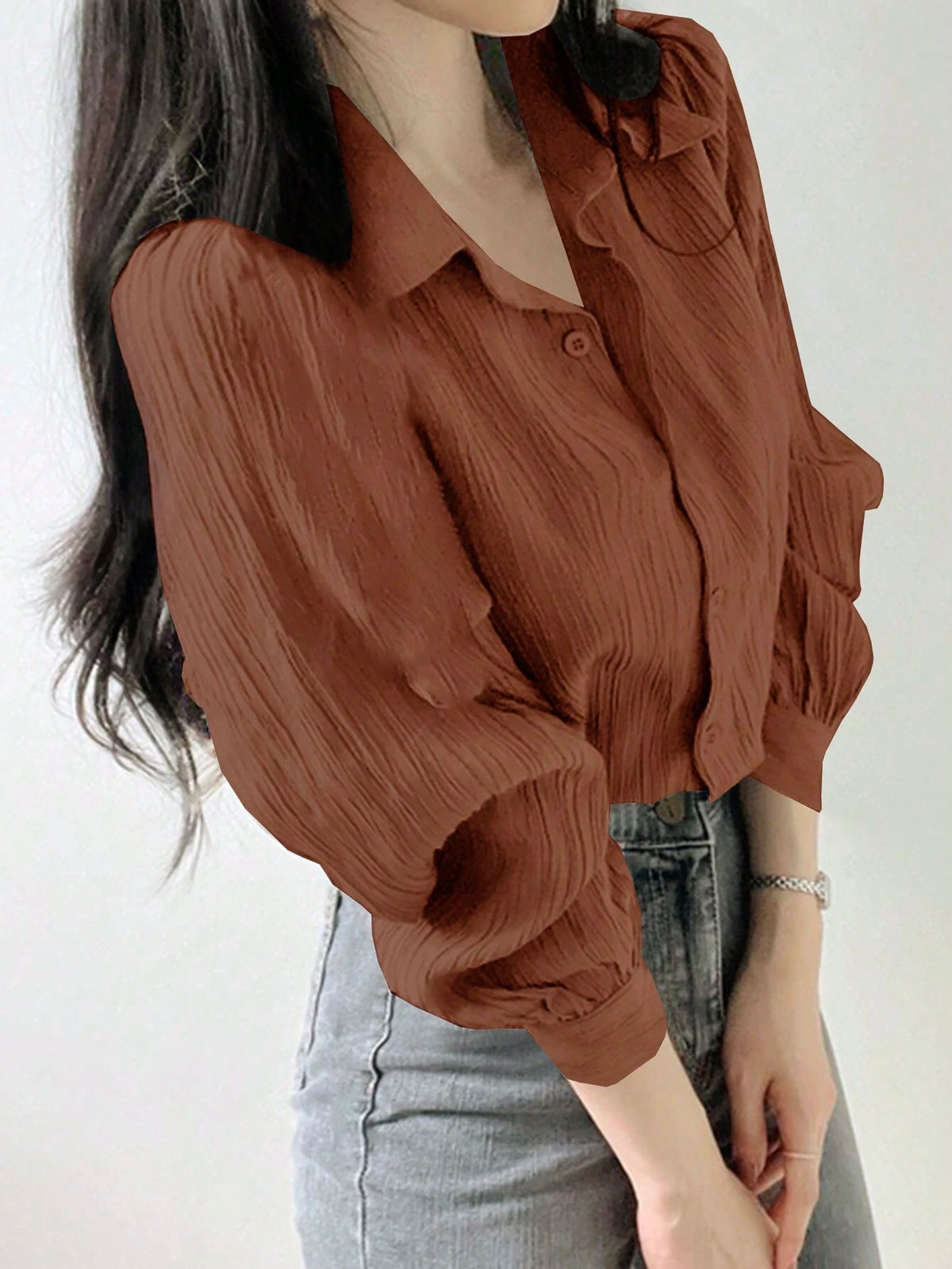 DAZY Women's Plain Pleated Turn Down Collar Loose Blouse