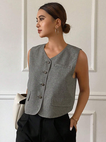 DAZY Women's Plain Single-Breasted V-Neck Casual Vest Shirt For Autumn