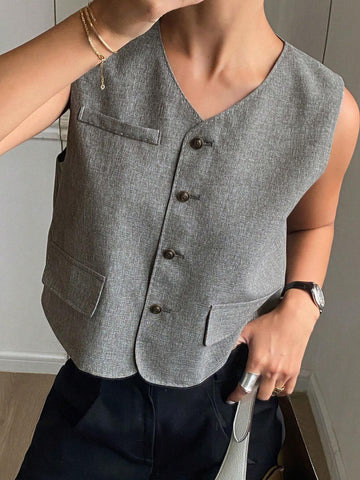 DAZY Women's Plain Single-Breasted V-Neck Casual Vest Shirt For Autumn
