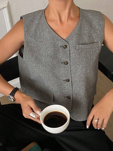 DAZY Women's Plain Single-Breasted V-Neck Casual Vest Shirt For Autumn