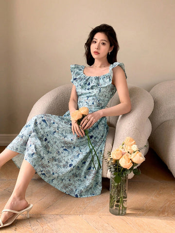 DAZY Women's Plant Print Off Shoulder Ruffle Hem A-Line Dress