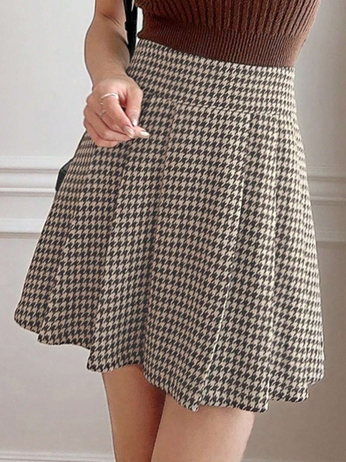 DAZY Women's Pleated Houndstooth Print Skirt, Casual Spring Autumn