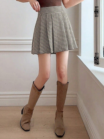 DAZY Women's Pleated Houndstooth Print Skirt, Casual Spring Autumn