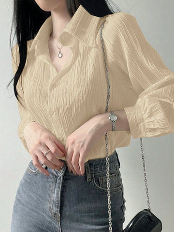 DAZY Women's Pleated Plain Collar Loose Shirt