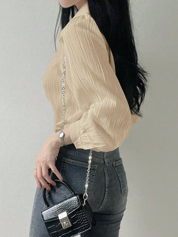 DAZY Women's Pleated Plain Collar Loose Shirt