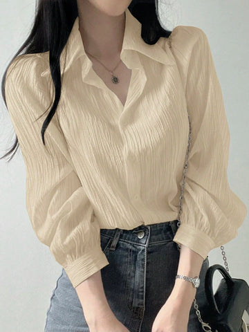 DAZY Women's Pleated Plain Collar Loose Shirt