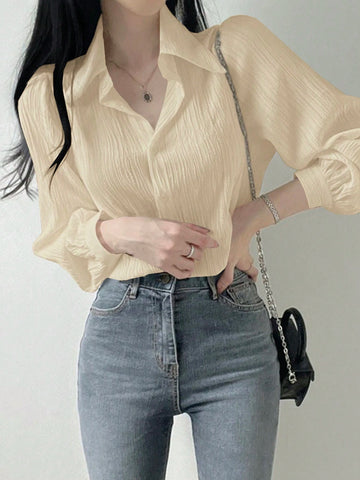 DAZY Women's Pleated Plain Collar Loose Shirt