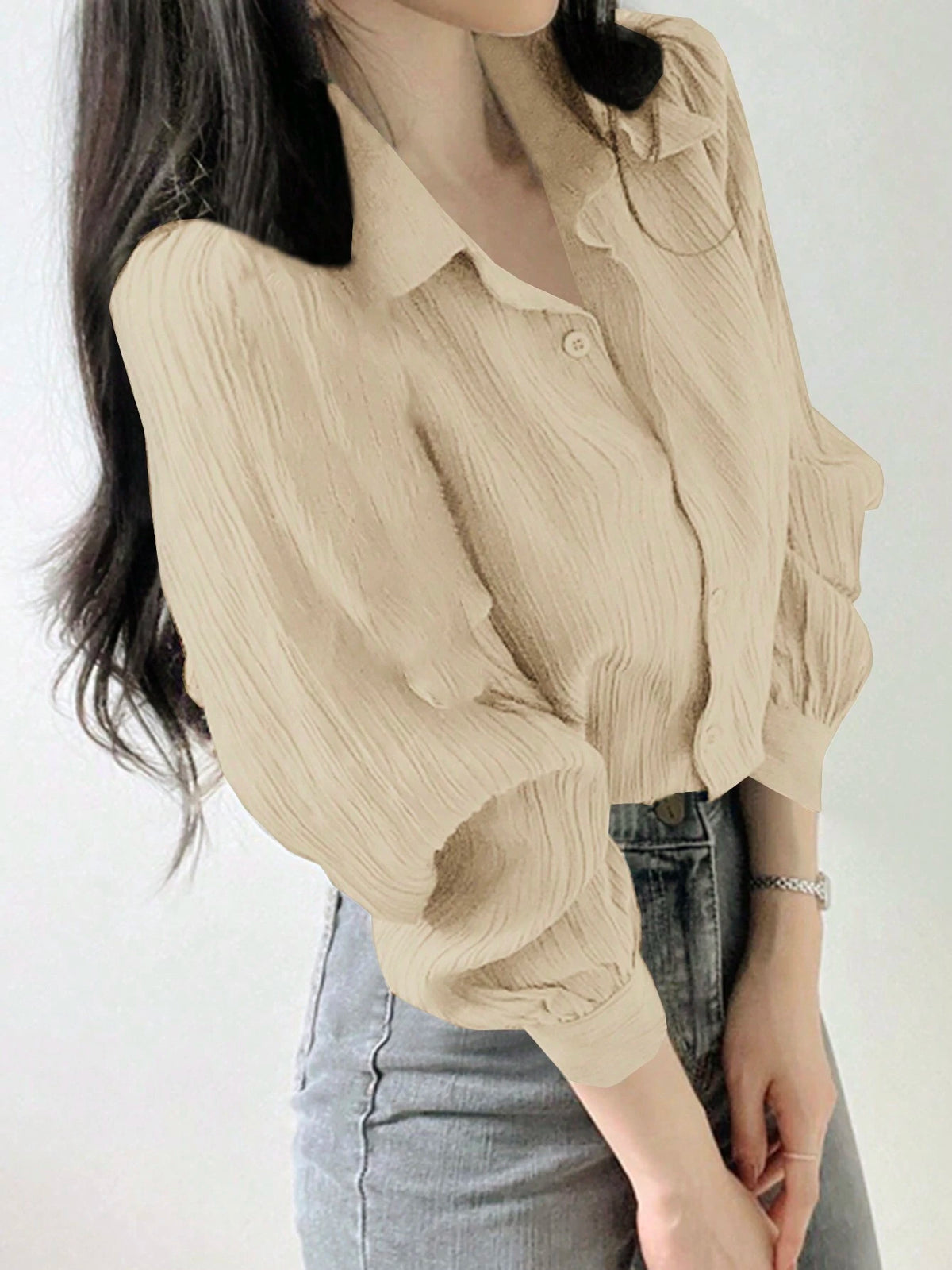 DAZY Women's Pleated Plain Collar Loose Shirt