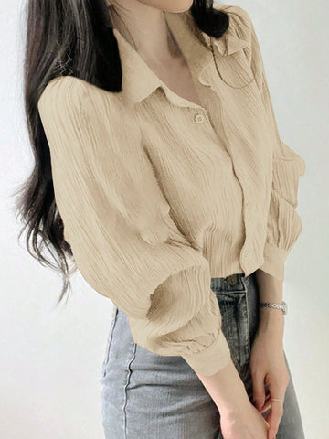 DAZY Women's Pleated Plain Collar Loose Shirt