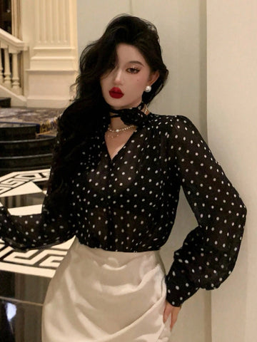 DAZY Women's Polka Dot Sheer Long Sleeve 3D Floral Blouse