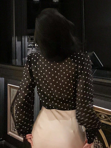 DAZY Women's Polka Dot Sheer Long Sleeve 3D Floral Blouse