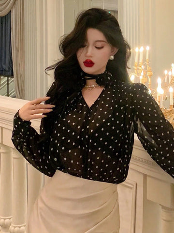 DAZY Women's Polka Dot Sheer Long Sleeve 3D Floral Blouse