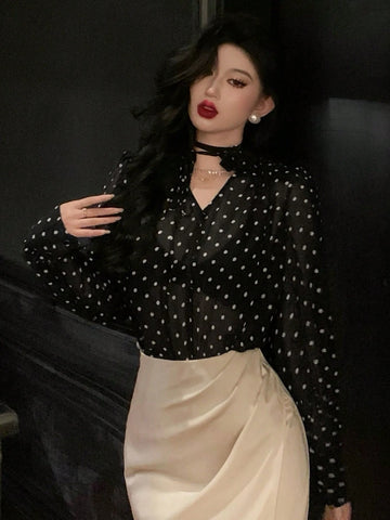 DAZY Women's Polka Dot Sheer Long Sleeve 3D Floral Blouse