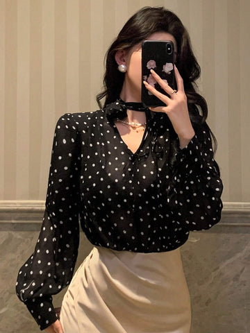 DAZY Women's Polka Dot Sheer Long Sleeve 3D Floral Blouse