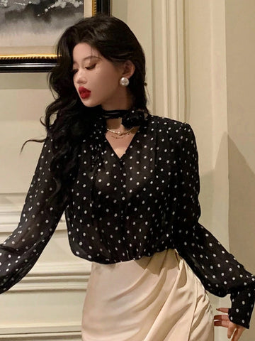 DAZY Women's Polka Dot Sheer Long Sleeve 3D Floral Blouse