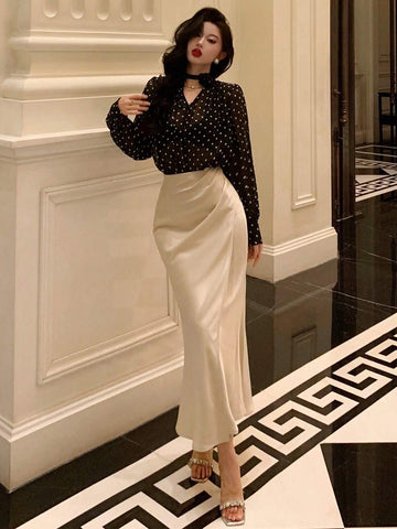 DAZY Women's Polka Dot Sheer Long Sleeve 3D Floral Blouse