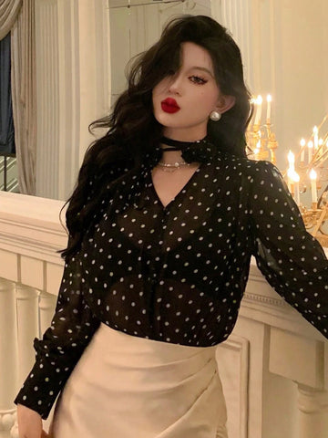 DAZY Women's Polka Dot Sheer Long Sleeve 3D Floral Blouse