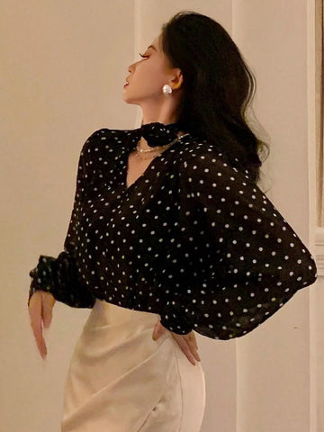 DAZY Women's Polka Dot Sheer Long Sleeve 3D Floral Blouse