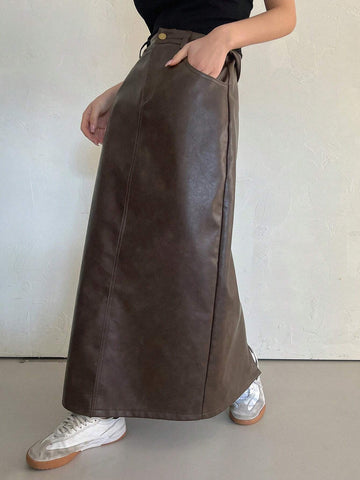 DAZY Women's Pu Leather Midi Skirt With Pockets