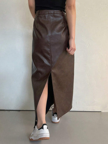 DAZY Women's Pu Leather Midi Skirt With Pockets