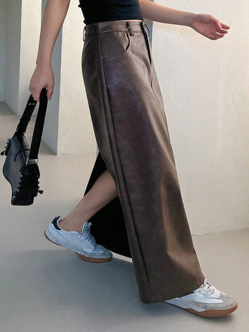 DAZY Women's Pu Leather Midi Skirt With Pockets