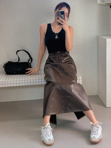 DAZY Women's Pu Leather Midi Skirt With Pockets