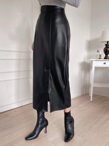 DAZY Women's Pu Material Long Split Skirt