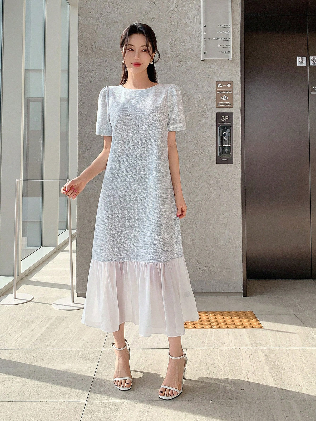 DAZY Women's Puff Short-Sleeved Round Neckline Colorblock Hem Dress