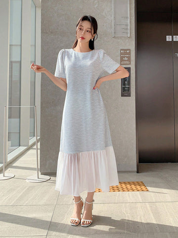 DAZY Women's Puff Short-Sleeved Round Neckline Colorblock Hem Dress