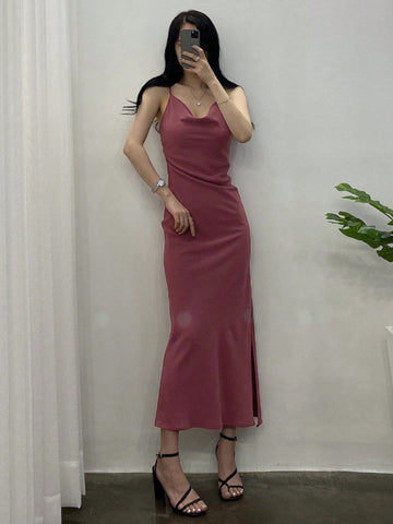 DAZY Women's Pure Color Slim Fit Cowl Collar Sleeveless Elegant Dress