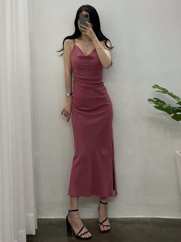 DAZY Women's Pure Color Slim Fit Cowl Collar Sleeveless Elegant Dress