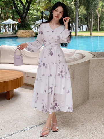 DAZY Women's Random Floral Printed Elegant Dress