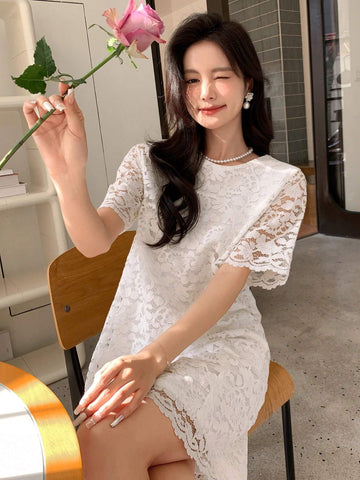 DAZY Women's Round Neck Lace Panel Stylish Dress Suitable For Daily Wear