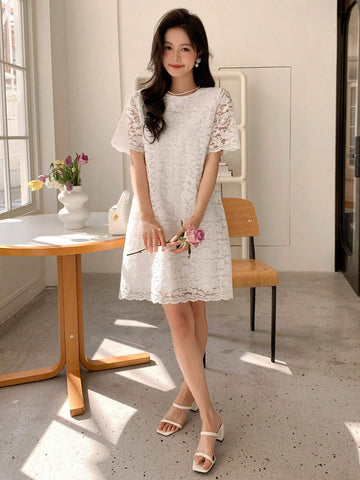 DAZY Women's Round Neck Lace Panel Stylish Dress Suitable For Daily Wear