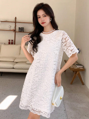 DAZY Women's Round Neck Lace Panel Stylish Dress Suitable For Daily Wear
