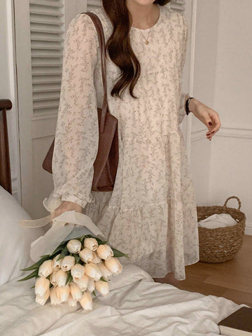 DAZY Women's Round Neck Mid-Length Floral Print Dress