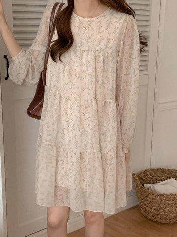 DAZY Women's Round Neck Mid-Length Floral Print Dress