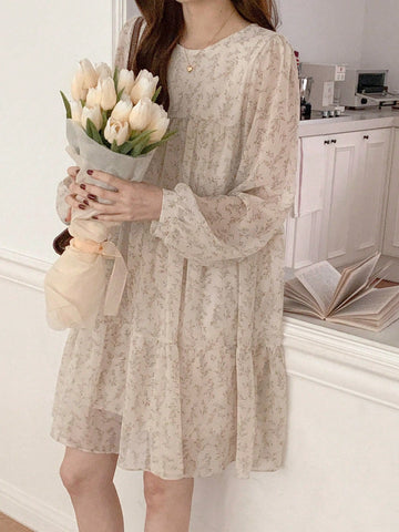 DAZY Women's Round Neck Mid-Length Floral Print Dress