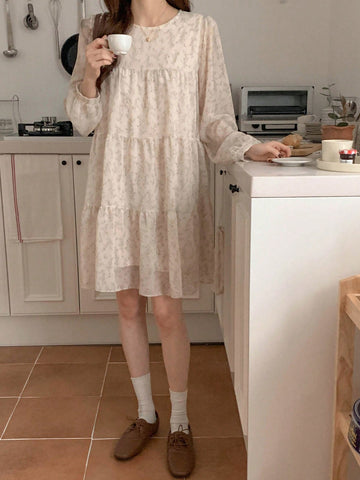 DAZY Women's Round Neck Mid-Length Floral Print Dress