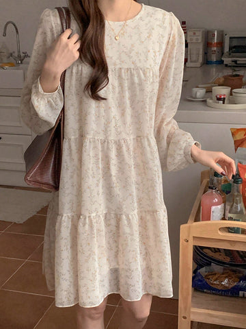 DAZY Women's Round Neck Mid-Length Floral Print Dress