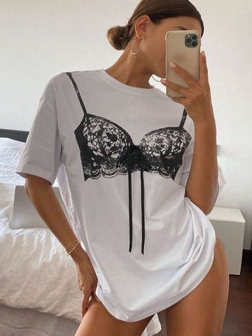 Women's Round Neck T-Shirt With Printed Design And Front Tie, Daily Casual Stylish