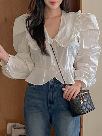 DAZY Women's Ruffle Collar Puff Sleeve Short Blouse