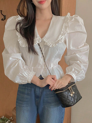 DAZY Women's Ruffle Collar Puff Sleeve Short Blouse