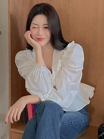 DAZY Women's Ruffle Collar Puff Sleeve Short Blouse