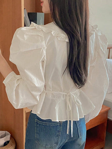 DAZY Women's Ruffle Collar Puff Sleeve Short Blouse